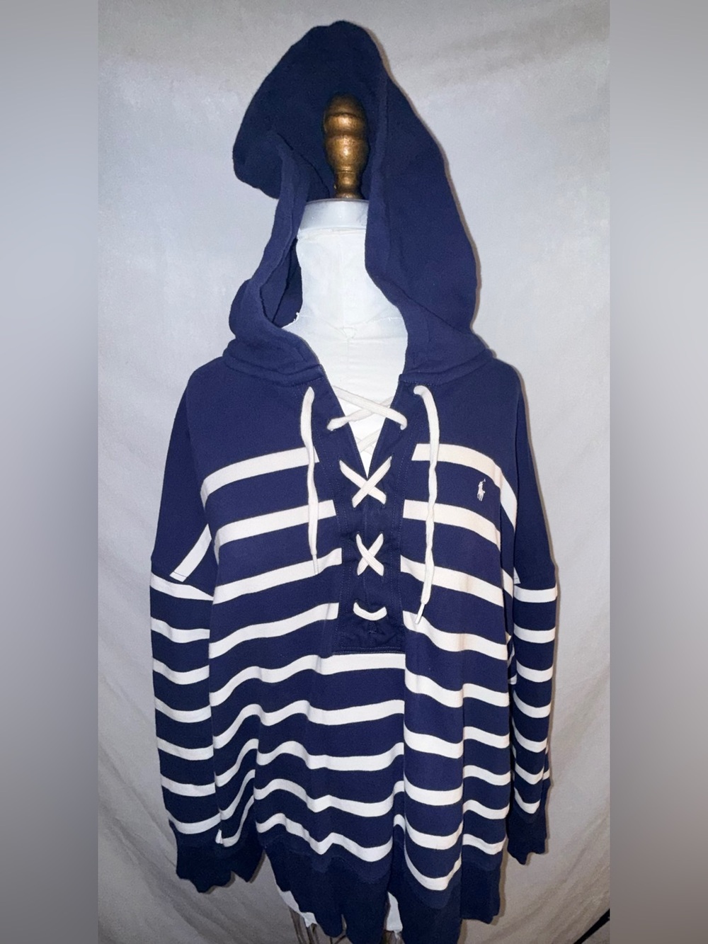 Polo Ralph Lauren M/L Newport Navy White Striped Lace-Up Fleece Hoodie